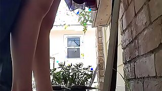 Risky screwing busty spliced infront of neighbors window